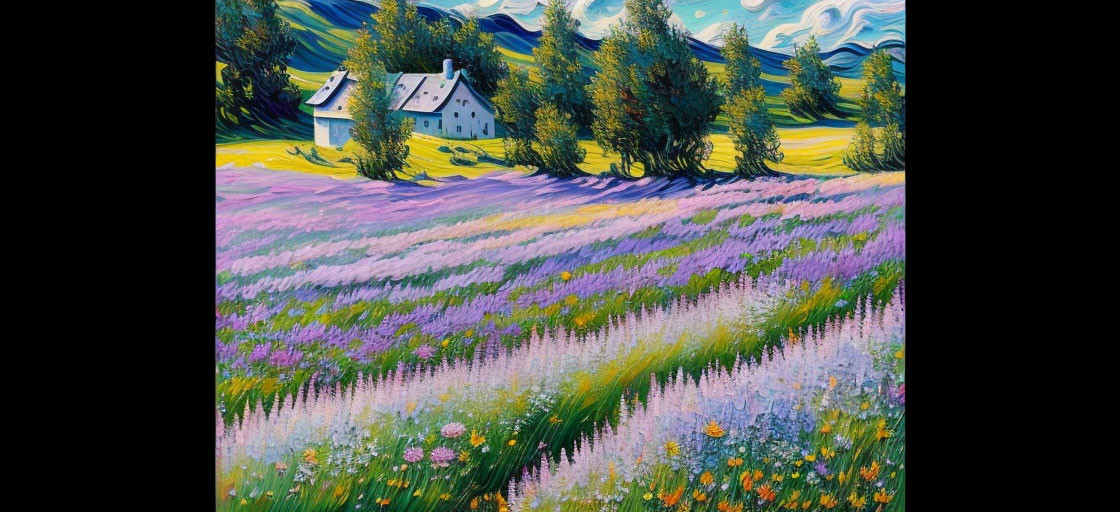 Colorful rural landscape painting with white house, purple flower fields, and moonlit sky.