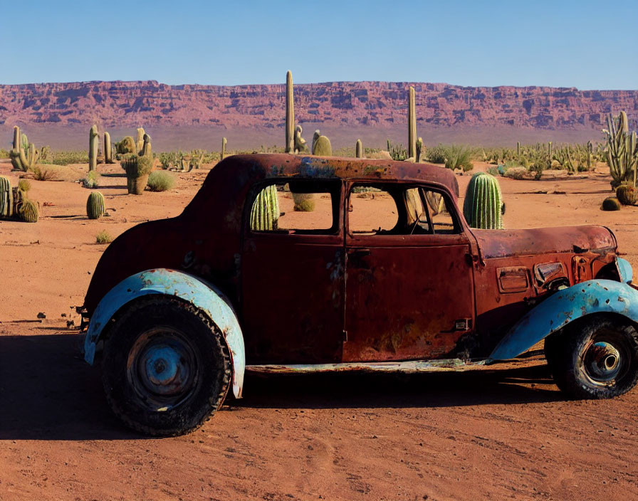 Rusted car in desert with cacti and mesa