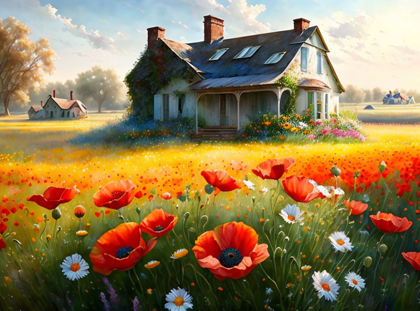 Rural cottage painting with poppy and daisy field at sunrise