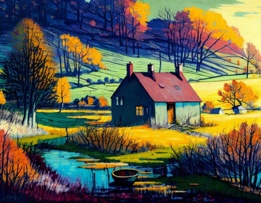 Colorful Landscape Painting: Small House by Stream, Boat, Autumn Trees, Rolling Hills