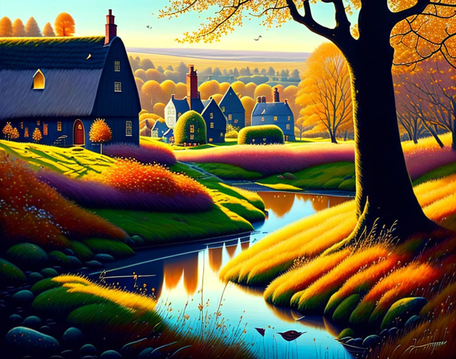 Tranquil countryside stream with autumn houses and sunset glow