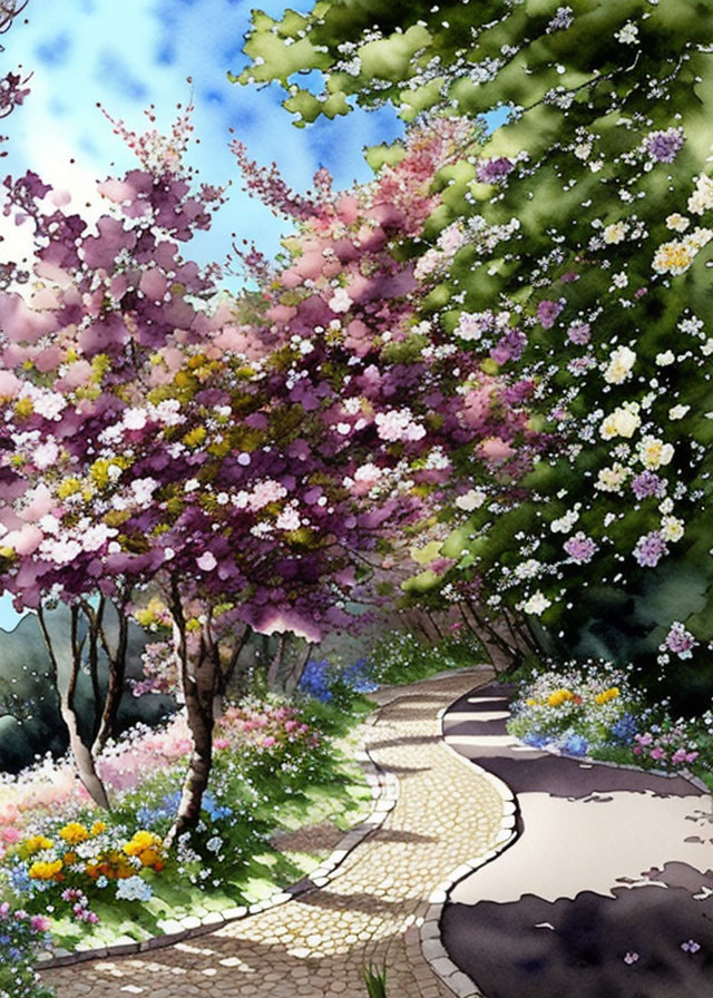 Scenic cobblestone path in vibrant garden with cherry trees