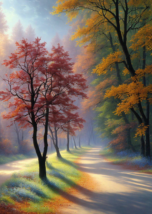 Ethereal forest path with autumn foliage and sunlight.