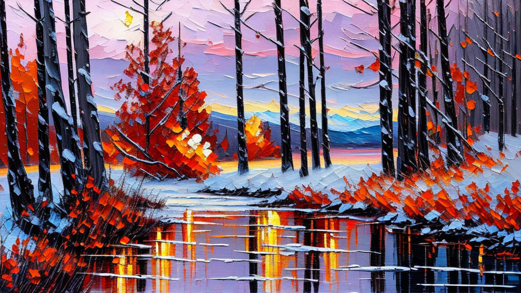 Serene forest sunset oil painting with autumn foliage and lake reflections