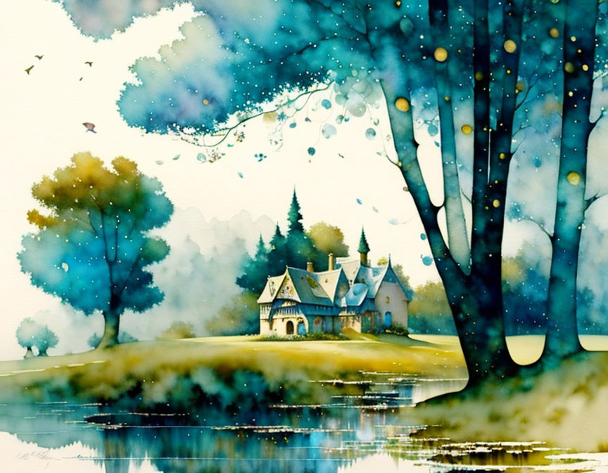 Serene landscape watercolor painting with house by lake