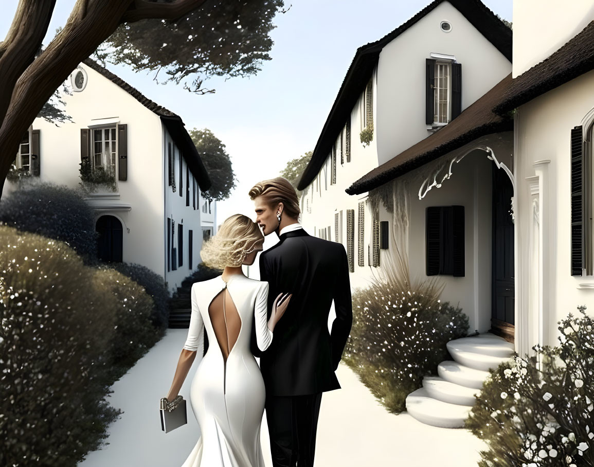 Formal Attired Couple Walking Near Luxurious House