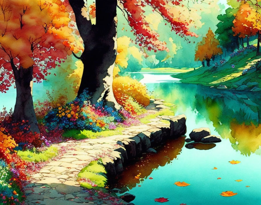 Tranquil river scene with stone path and colorful autumn trees