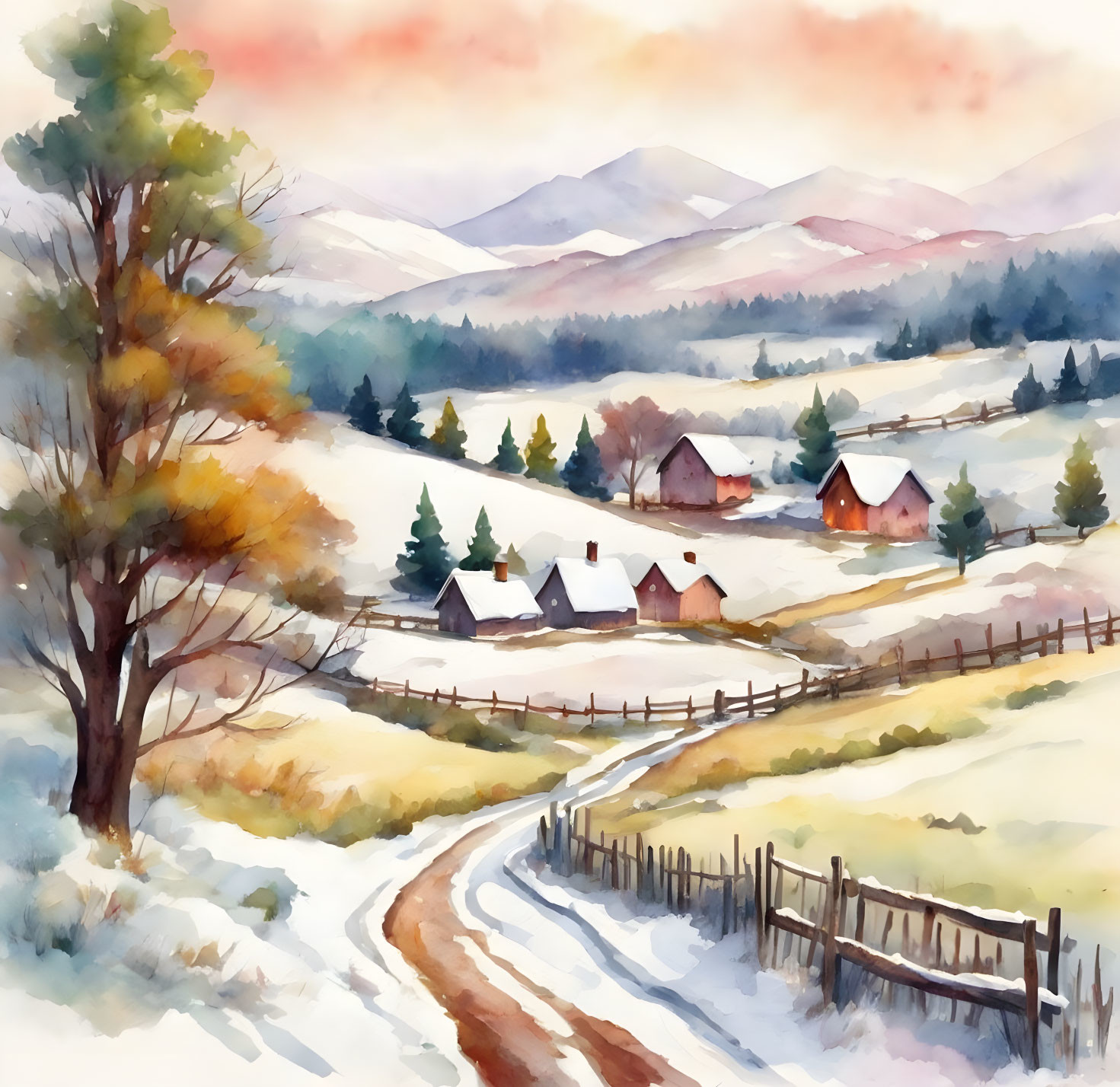 Snowy rural landscape watercolor painting with winding path, houses, bare trees, and distant mountains.