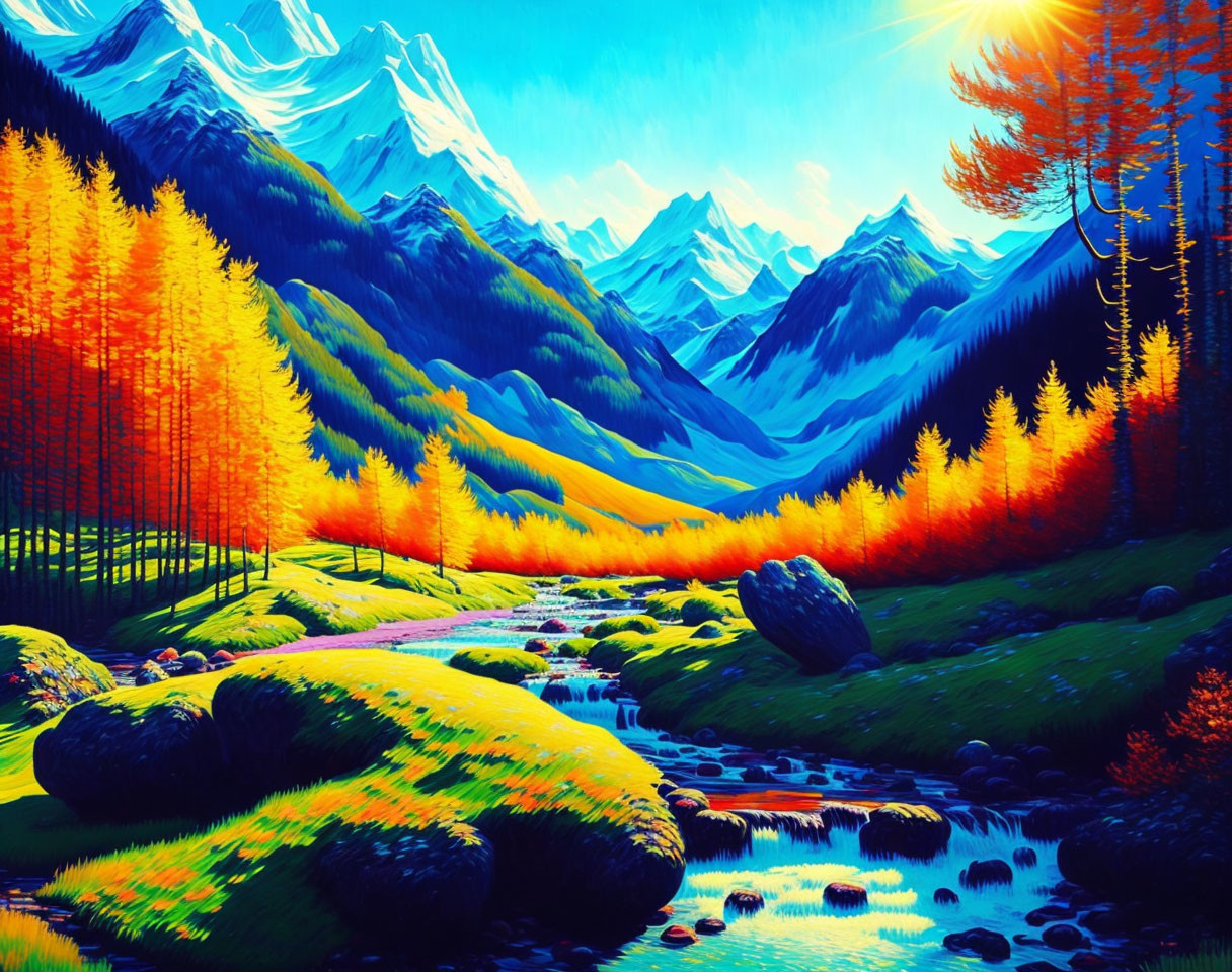 Scenic autumn landscape with stream, golden trees, rocks, and snow-capped peaks