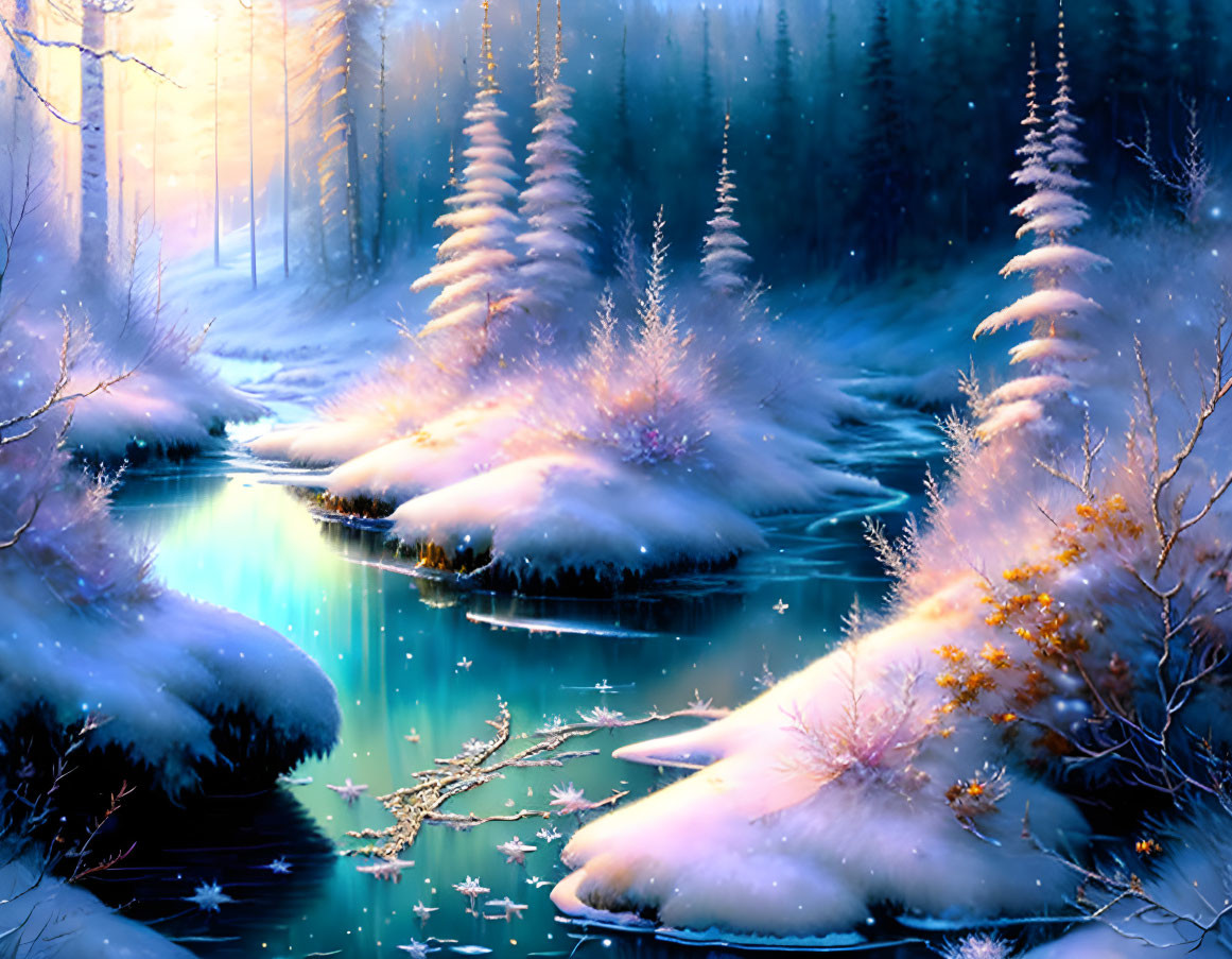 Snow-covered pine trees by gently flowing river in serene winter scene