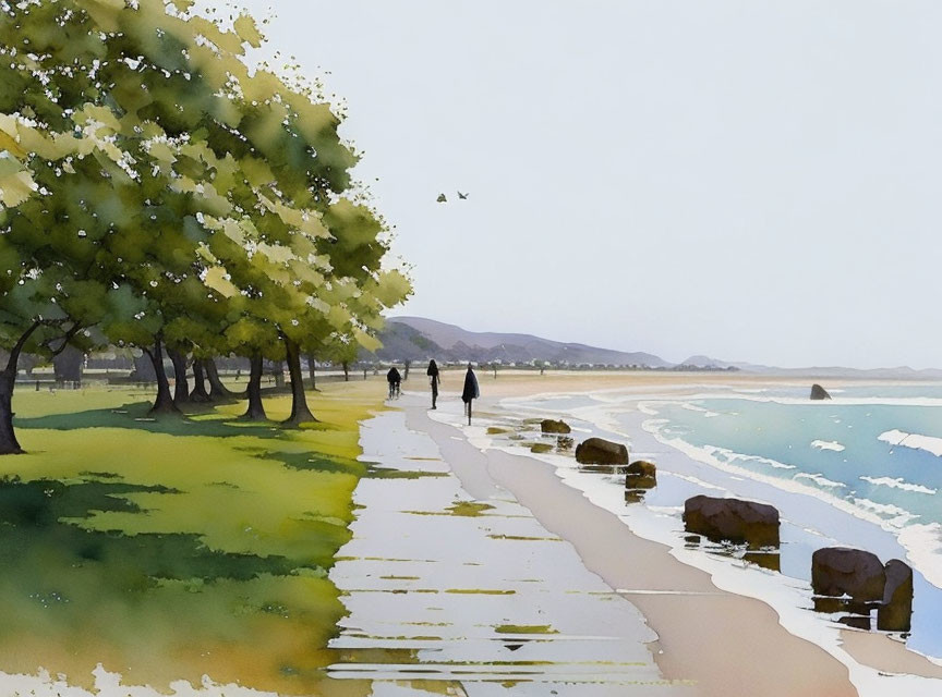 Tranquil beachside path with trees, rocks, and birds