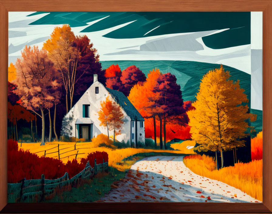 Digital painting of rustic white house in autumn landscape