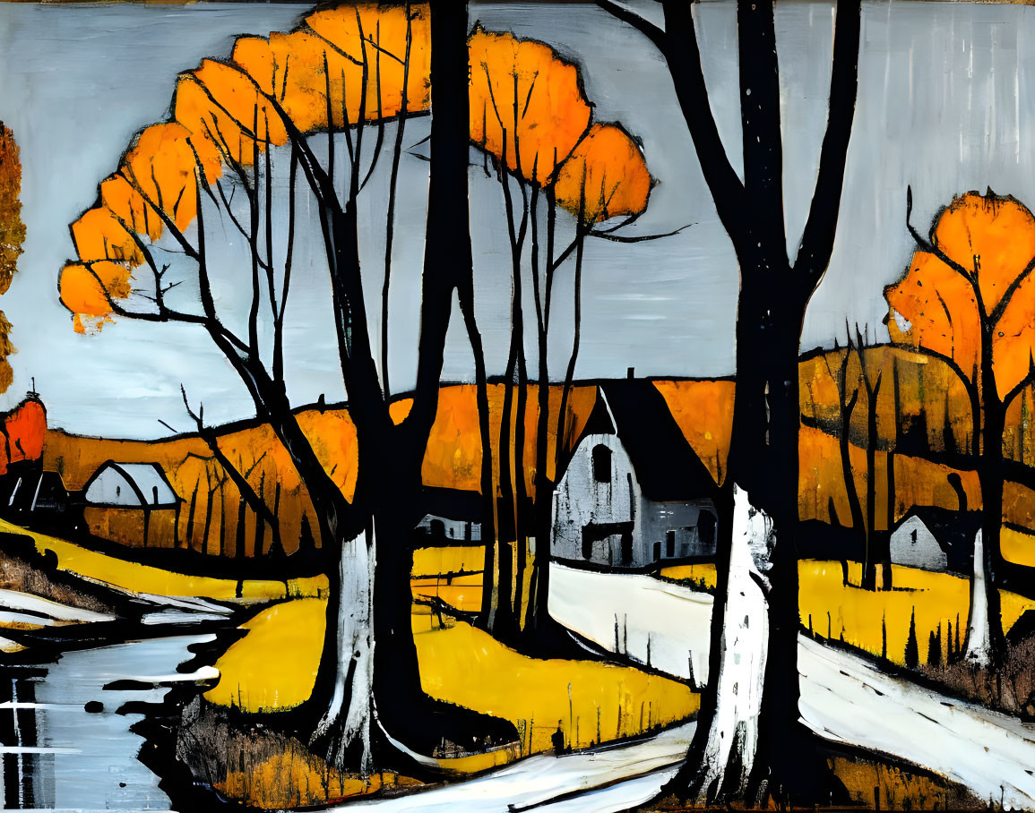 Vibrant autumn landscape with orange trees, winding path, houses, and black tree trunk