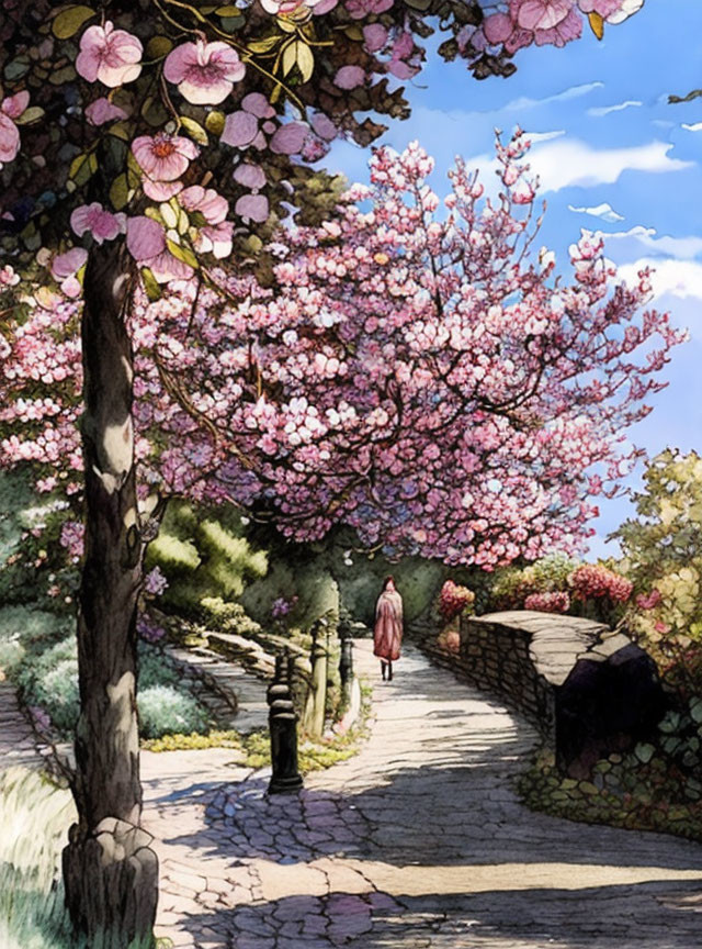 Person walking among vibrant cherry blossoms under clear sky