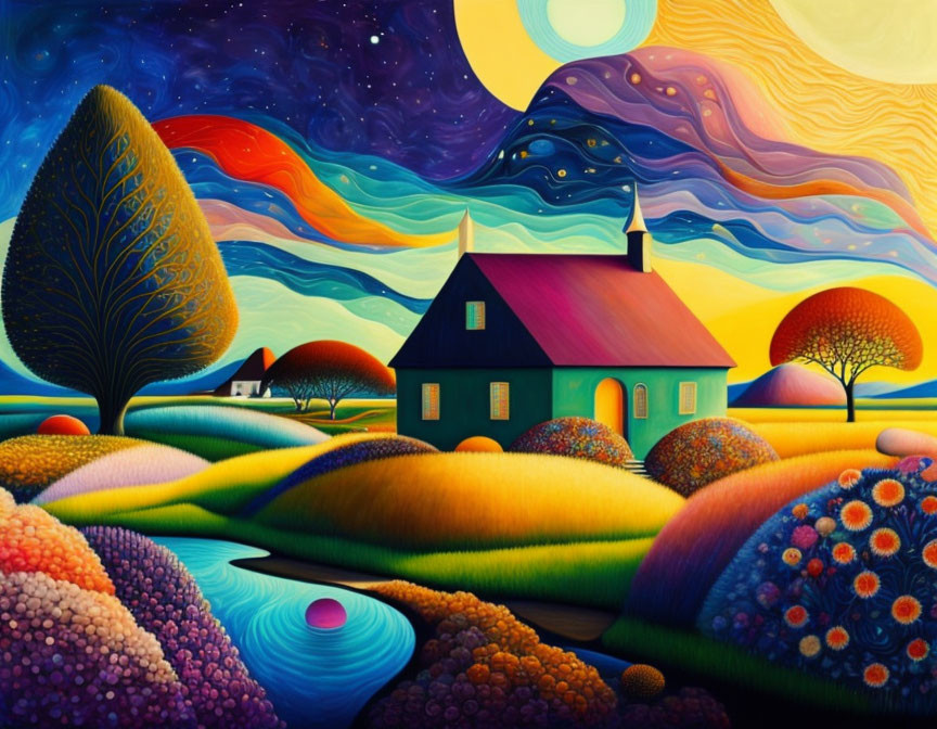 Colorful landscape with whimsical house, rolling hills, stylized trees, starry sky