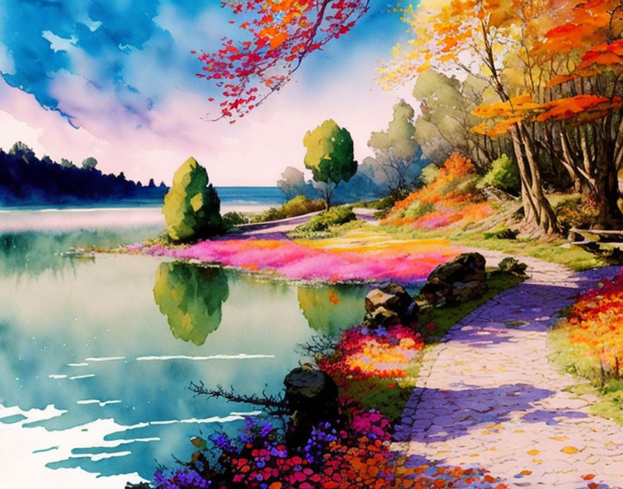 Colorful Autumn Trees Reflecting in Serene Lakeside Watercolor