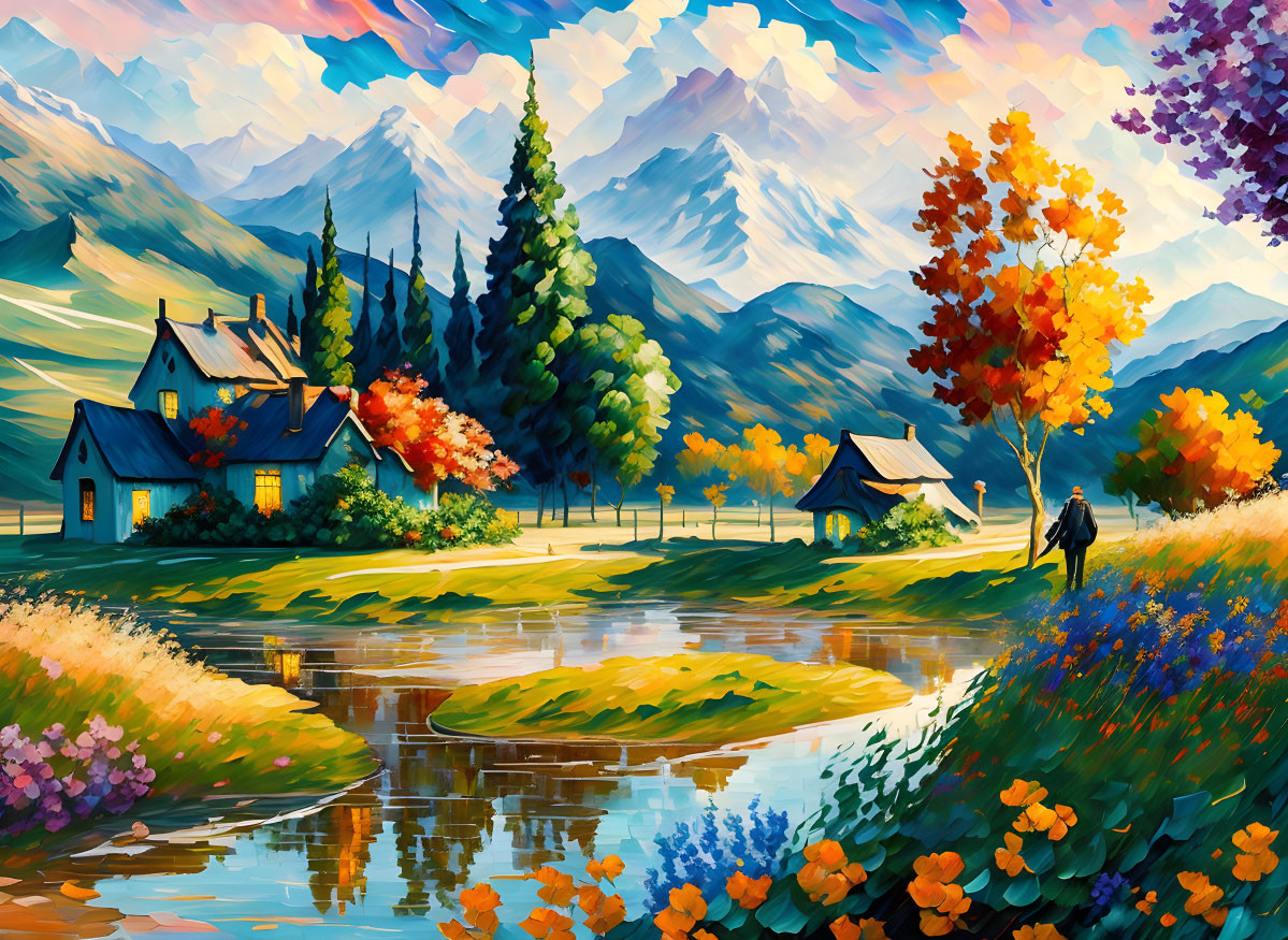 Vibrant countryside painting with mountains, house, pond, autumn trees, and person.