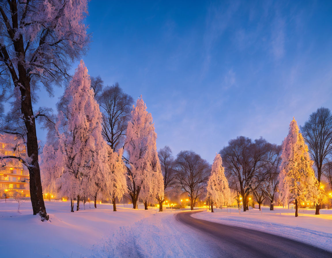 Snow-covered trees and curved road in serene winter scene with warm street lights.