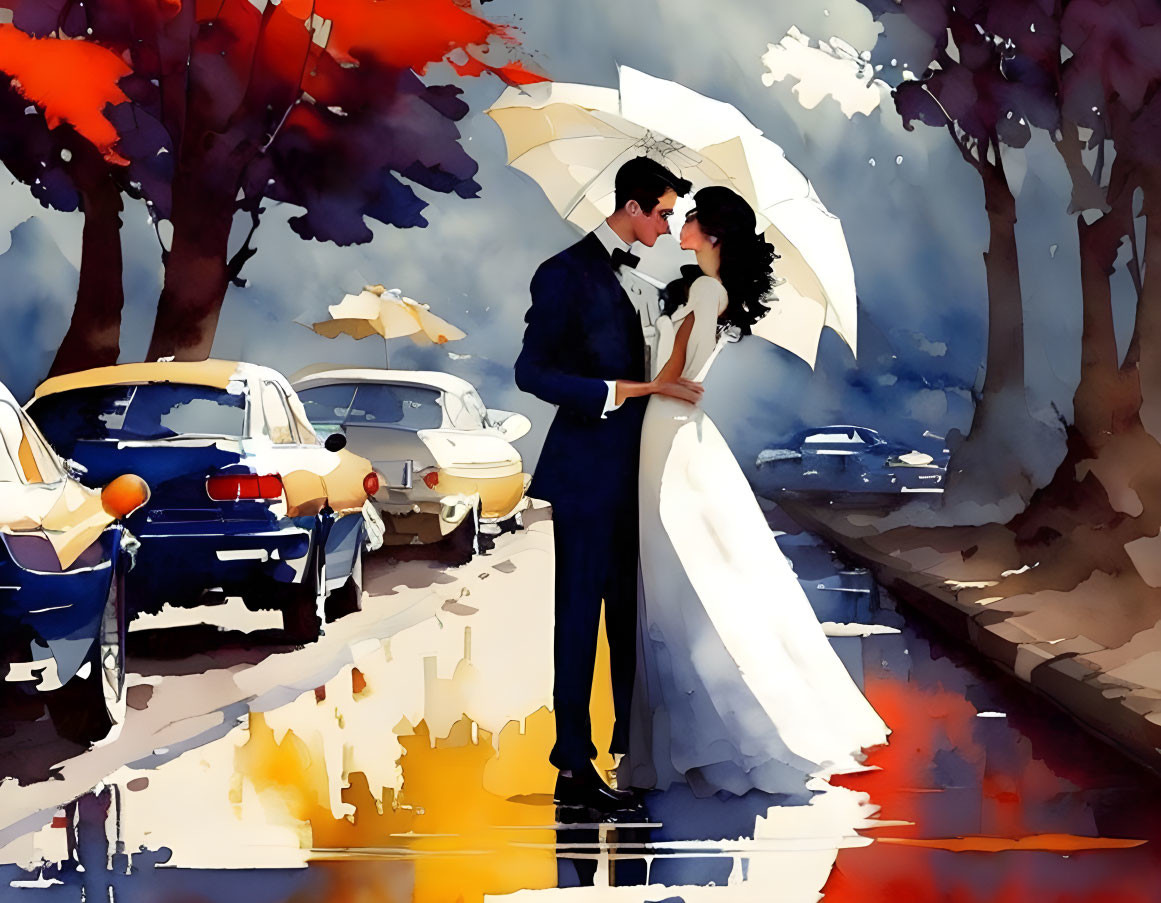 Newlywed couple embracing under umbrella with classic car and autumn trees