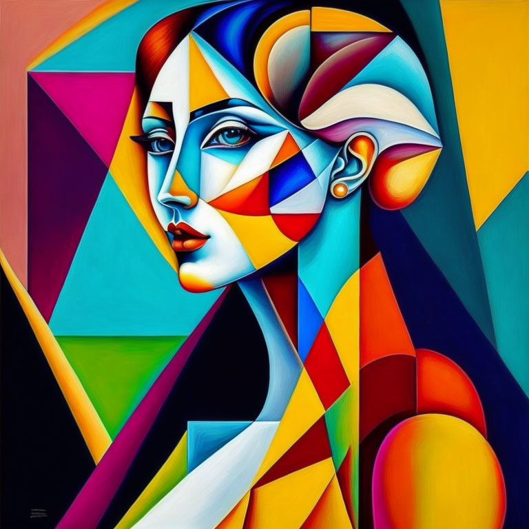 Colorful Cubist-style Painting of Multifaceted Female Face