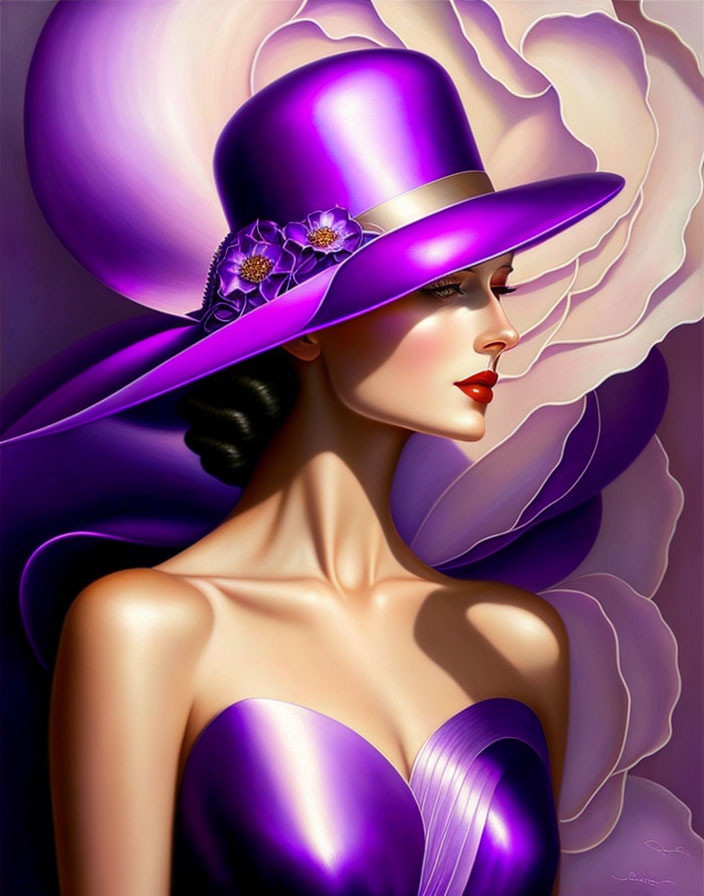 Illustration of woman in dramatic purple hat and dress with floral accents