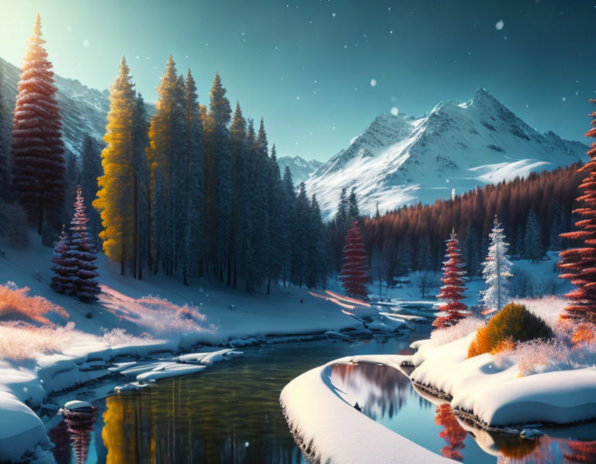 Winter landscape with river, snow, trees, and twilight sky