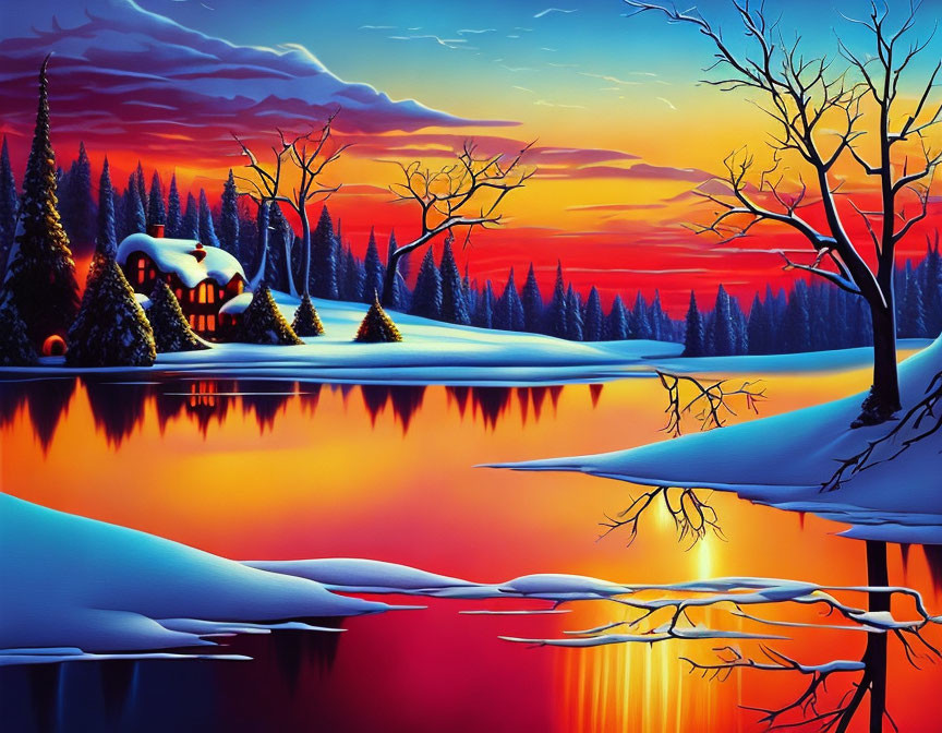 Scenic winter sunset with snowy landscape, lake, trees, and cottage