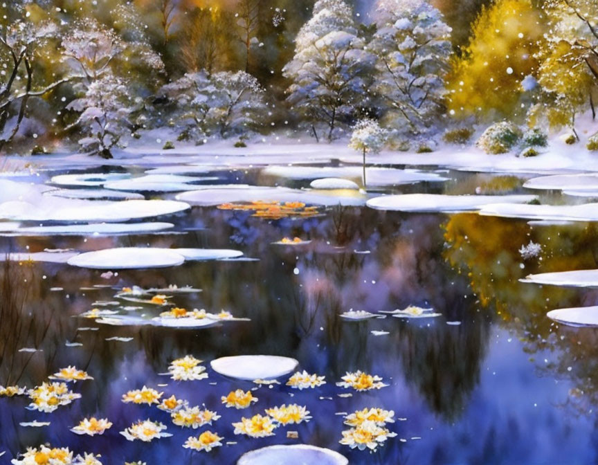 Tranquil winter scene with frozen pond, snow-covered trees, and falling snow