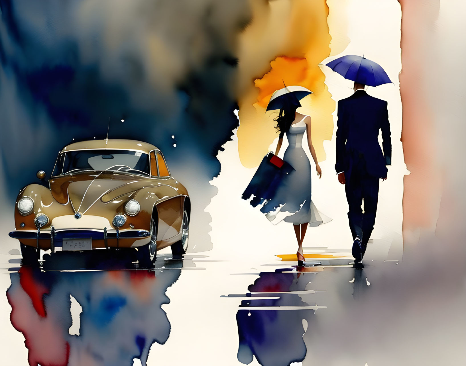 Artwork: Two people with umbrellas near classic car in vibrant watercolors