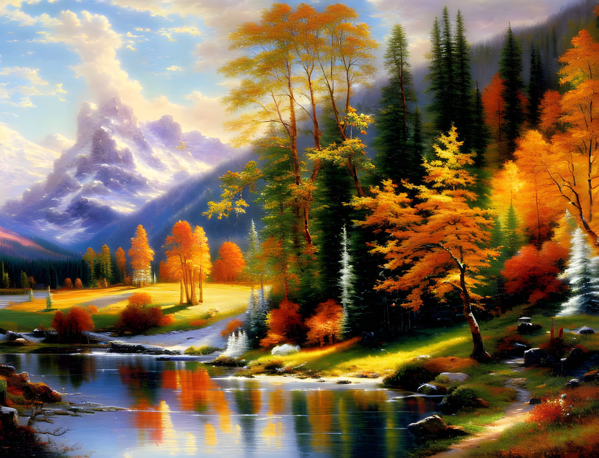 Tranquil autumn mountain scene with river and snow-capped peak