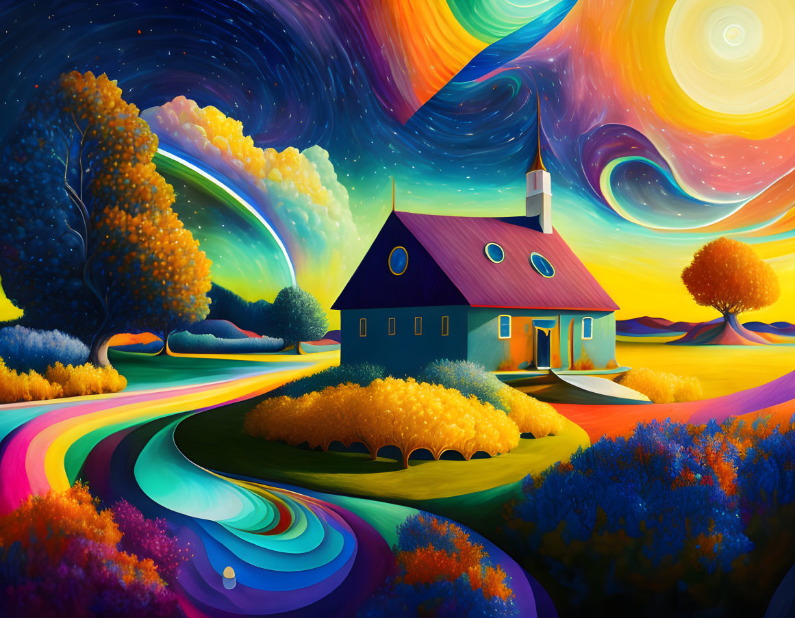 Colorful surreal landscape with house, fields, tree, and swirling sky