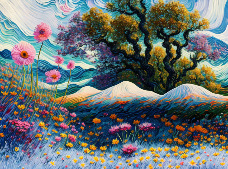 Colorful tree painting with rolling hills and swirling sky