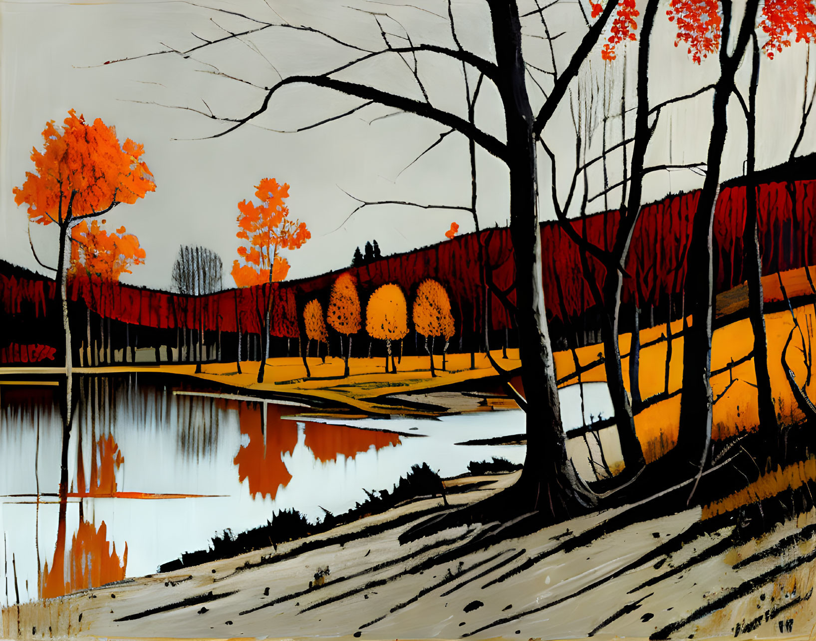 Abstract autumn landscape with bold black outlines, red leaf trees, water reflection, white sky