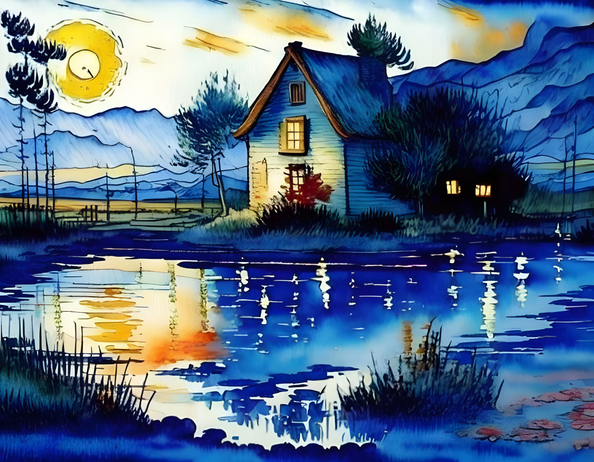 Colorful illustration: Cozy house by reflective lake at dusk with mountains and full moon