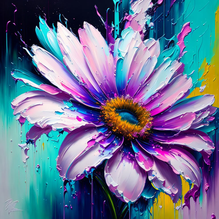 Colorful Flower Painting with Thick Strokes in Purple, White, Blue, and Yellow