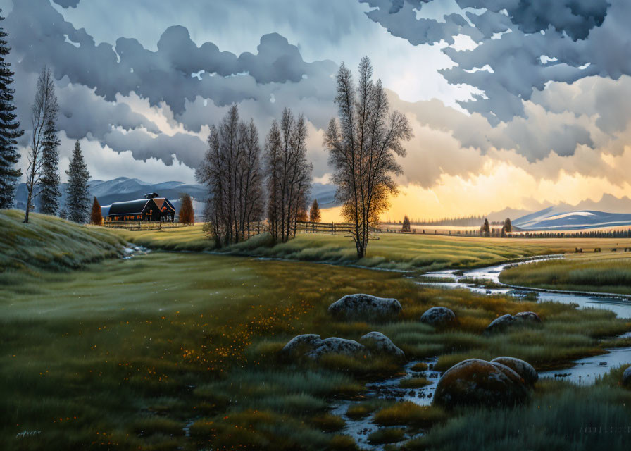 Tranquil dusk landscape with cozy cabin, grassy fields, trees, boulders, dramatic