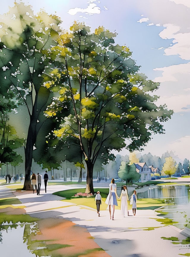 Tranquil watercolor scene: people walking by lake with blooming trees