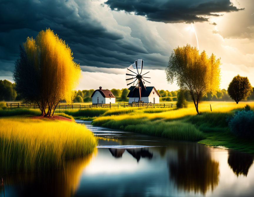 Scenic landscape with windmill, river, and dramatic sky