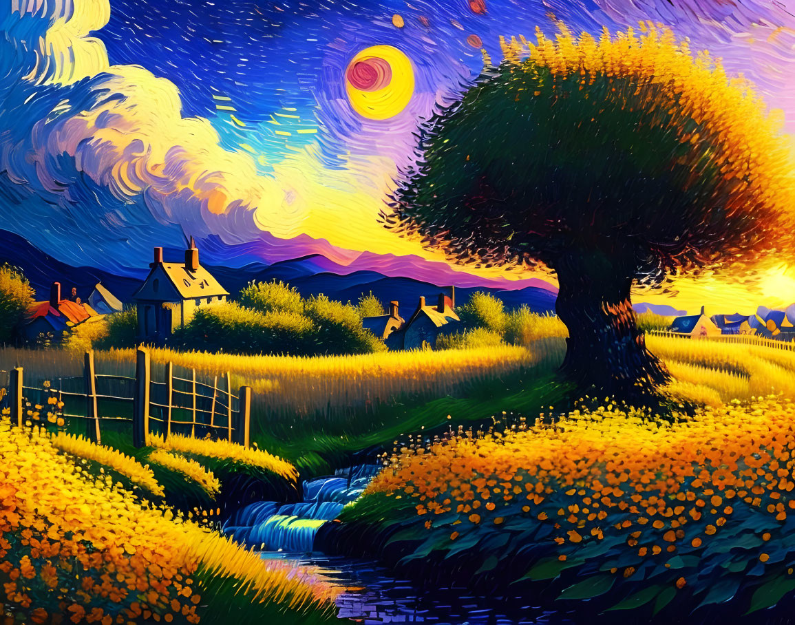 Colorful countryside painting with swirling starry sky, tree, river, houses, and yellow flowers