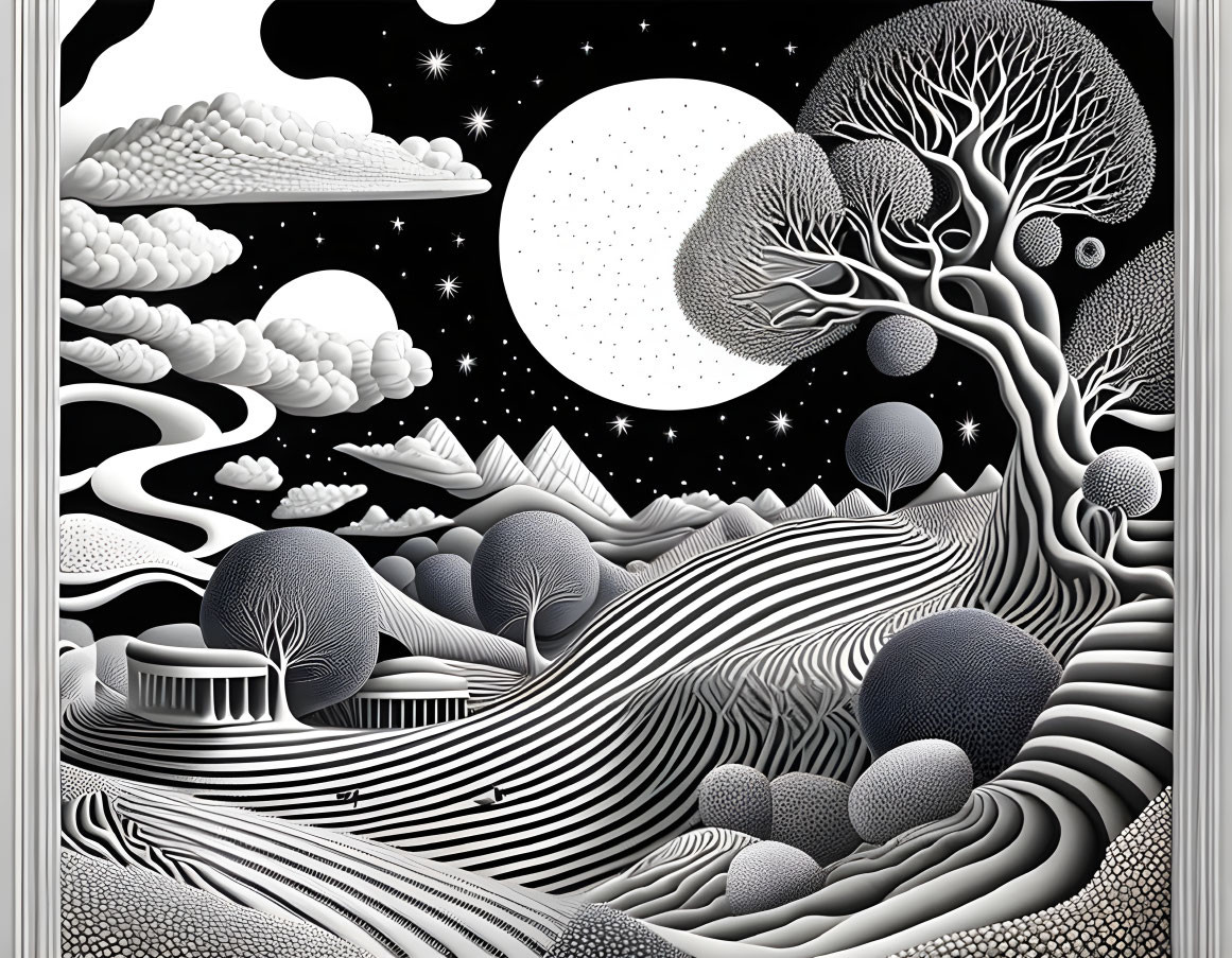 Surrealist black and white landscape with moon and stars