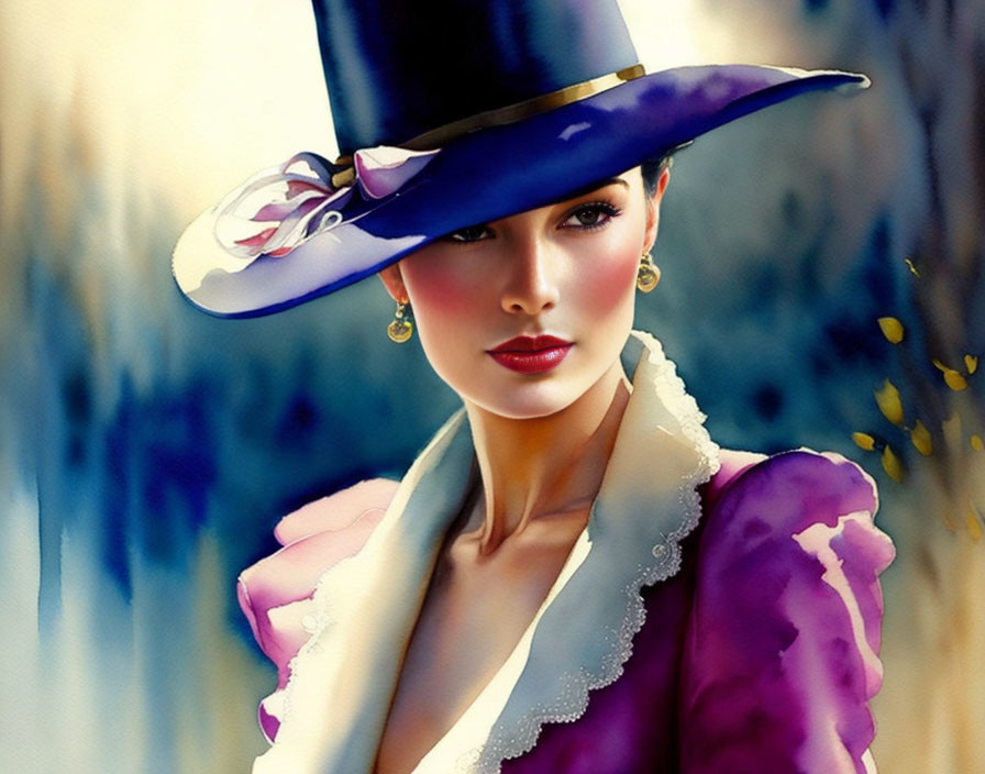 Flawless complexion woman in blue hat, white collar, purple blouse, and gold earrings