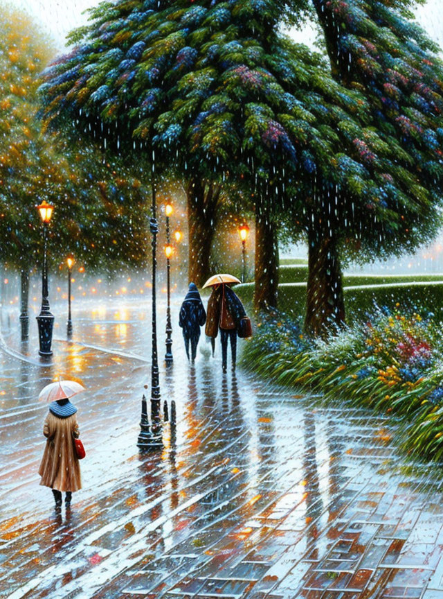 Rainy day scene: People with umbrellas on colorful, wet path with trees and lamps.