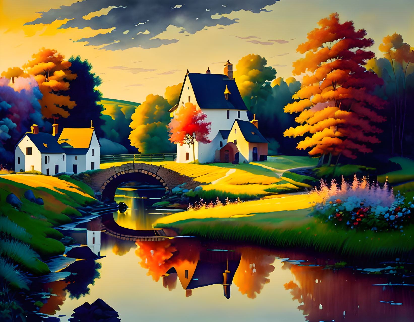 Colorful autumn landscape: trees, stone bridge, serene river, white houses, sunset