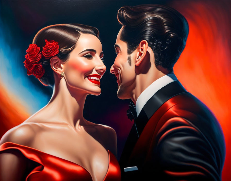 Formal couple in tuxedo and red gown smiling on vibrant backdrop