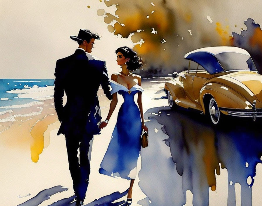 Elegantly dressed couple by the sea with classic car in vivid watercolor