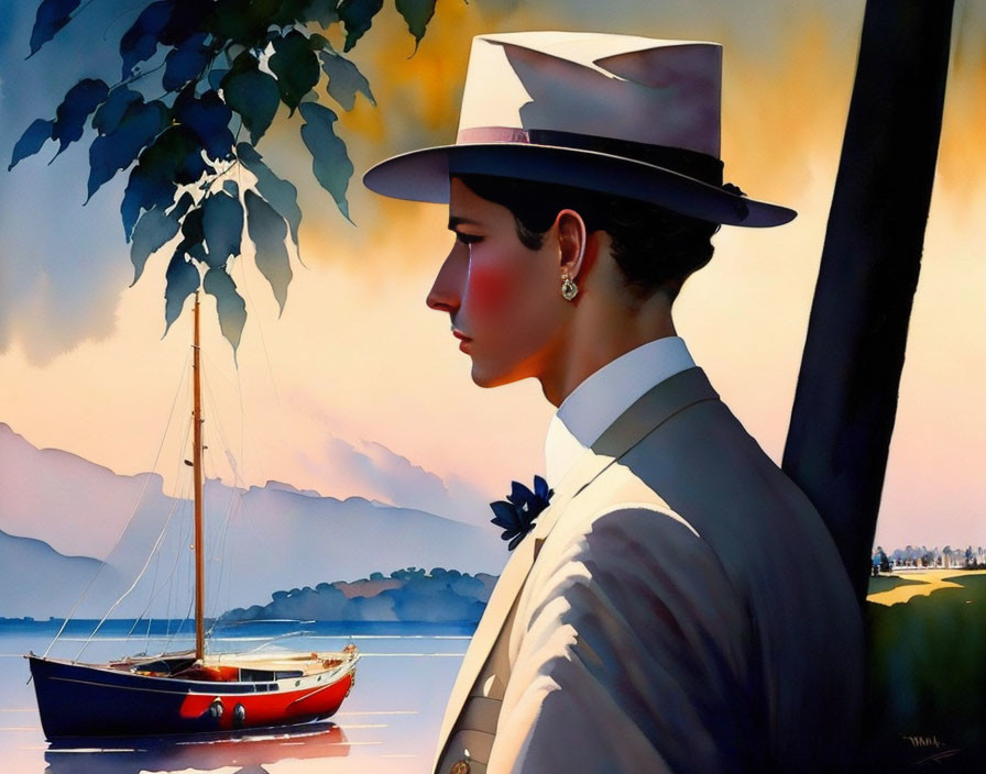 Stylized painting of woman in hat and suit by calm water at sunset