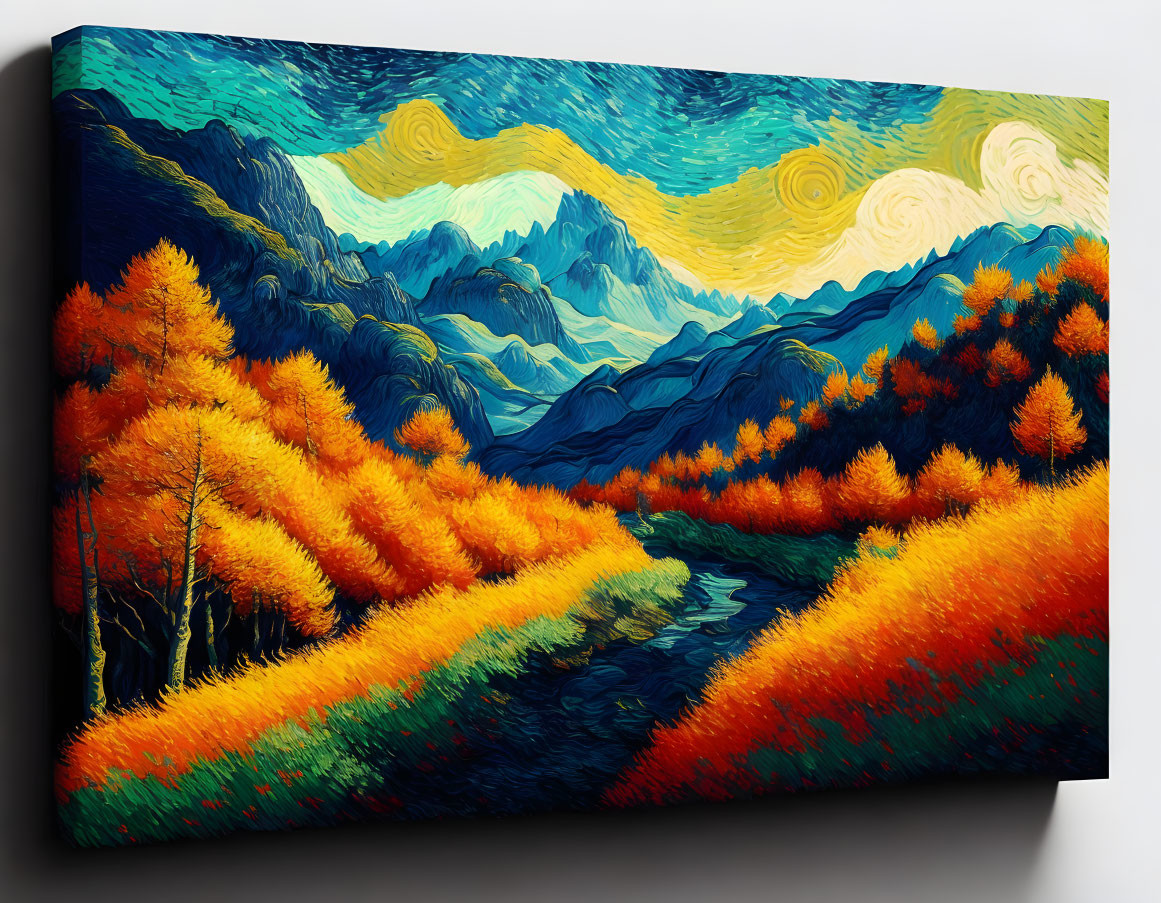 Colorful Canvas Painting of Swirling Skies and Autumnal Landscape