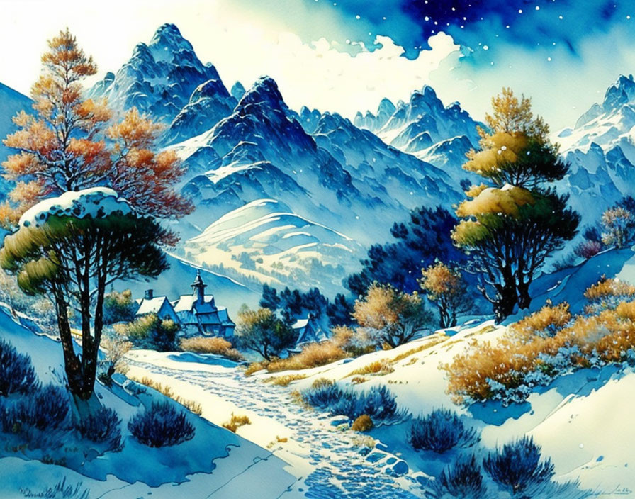 Wintry mountain landscape with snow-covered path and village under starry sky