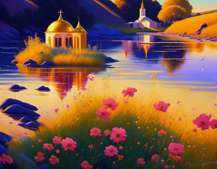 Golden-domed church by tranquil river at sunset with pink flowers and rolling hills