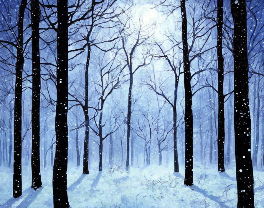 Tranquil Snow-Covered Forest Scene with Tall Trees and Falling Snowflakes